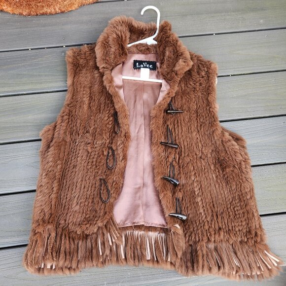 Lavee Brown Knitted Rabbit Fur Vest with Satin lining Large - Picture 2 of 11